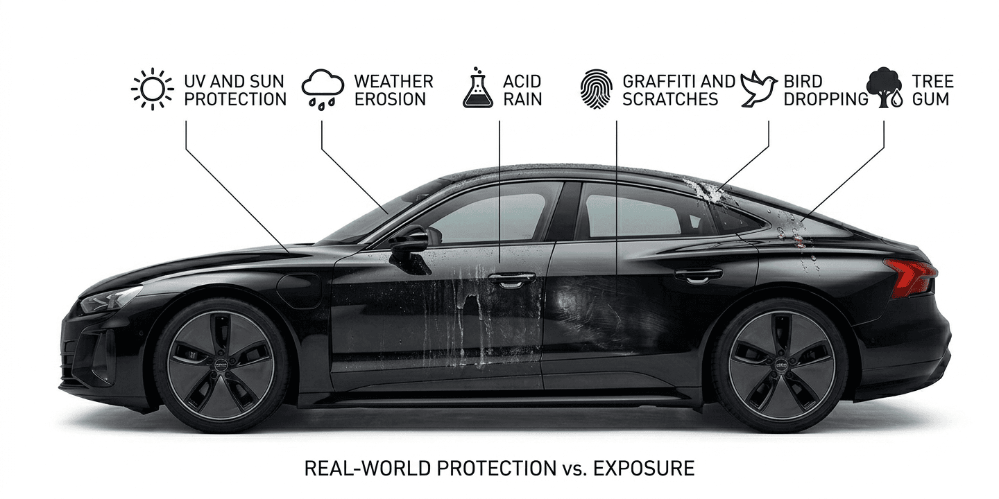 Real-world protection vs. exposure — GlossTech ceramic coating shields paint from UV, weather erosion, acid rain, graffiti, scratches, bird droppings, and tree gum.